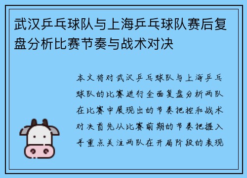 武汉乒乓球队与上海乒乓球队赛后复盘分析比赛节奏与战术对决